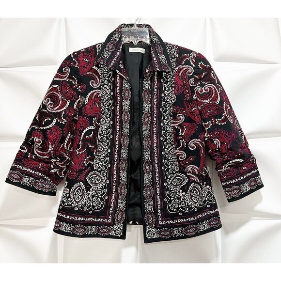 Coldwater Creek Sz 10 Cropped Jacket Blazer Floral Paisley Print m Black Womens - Picture 1 of 7
